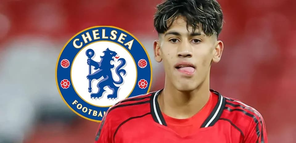 Player in red jersey with Chelsea logo background