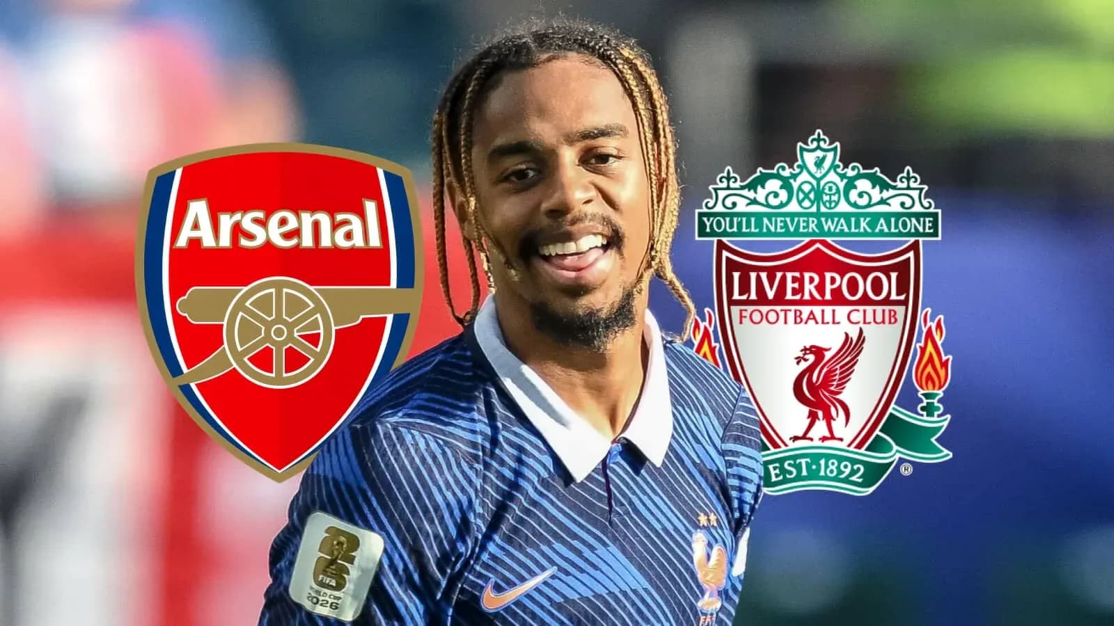 Player smiling with Arsenal and Liverpool logos
