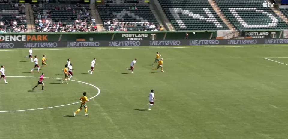 Players competing for the ball during match