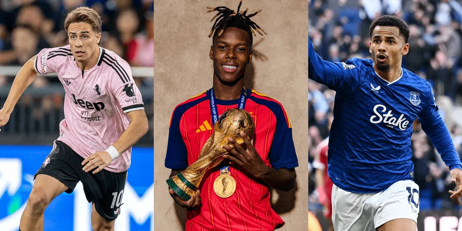 Three football players in action and celebrating