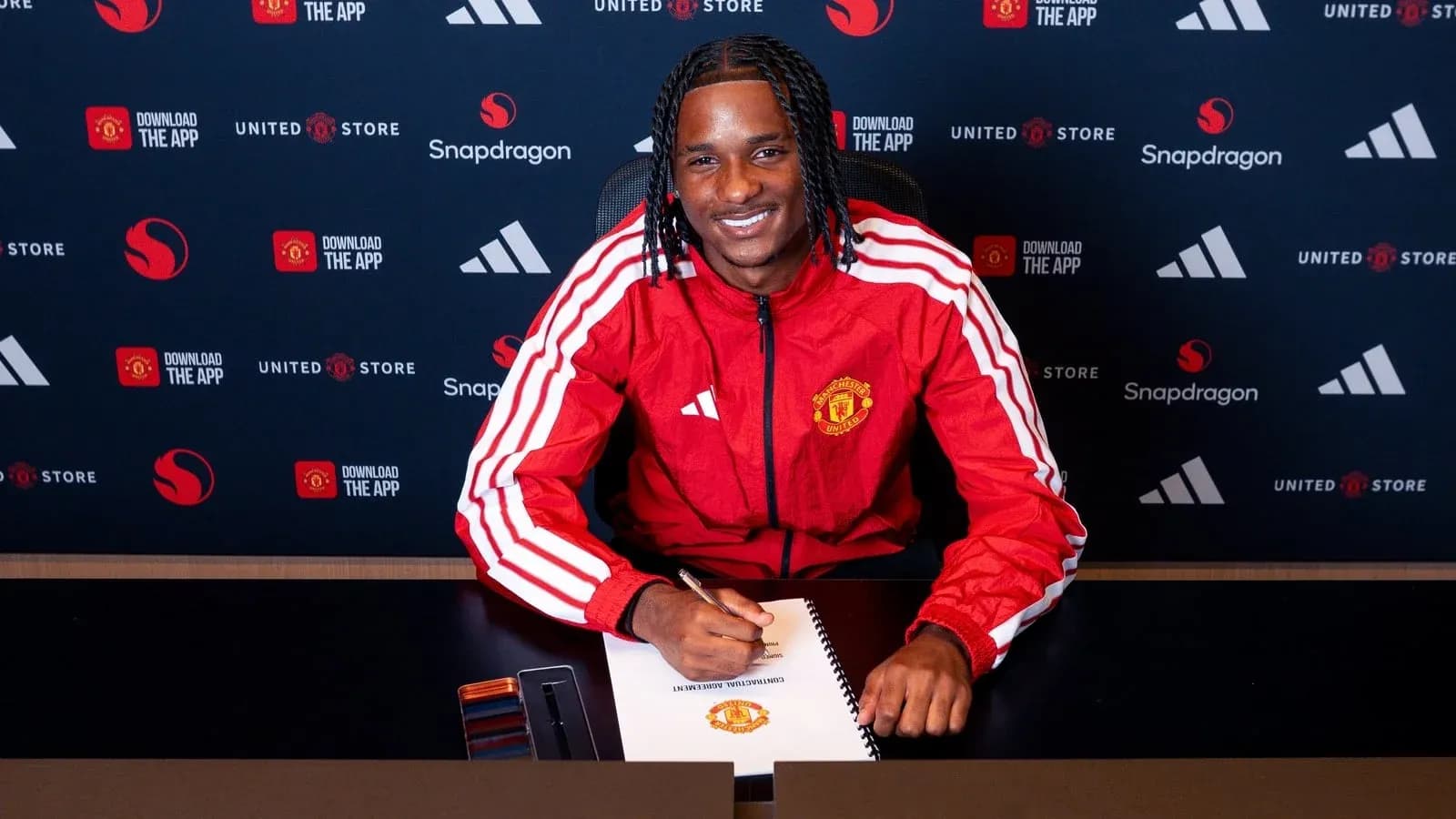 Player signing contract at Manchester United announcement