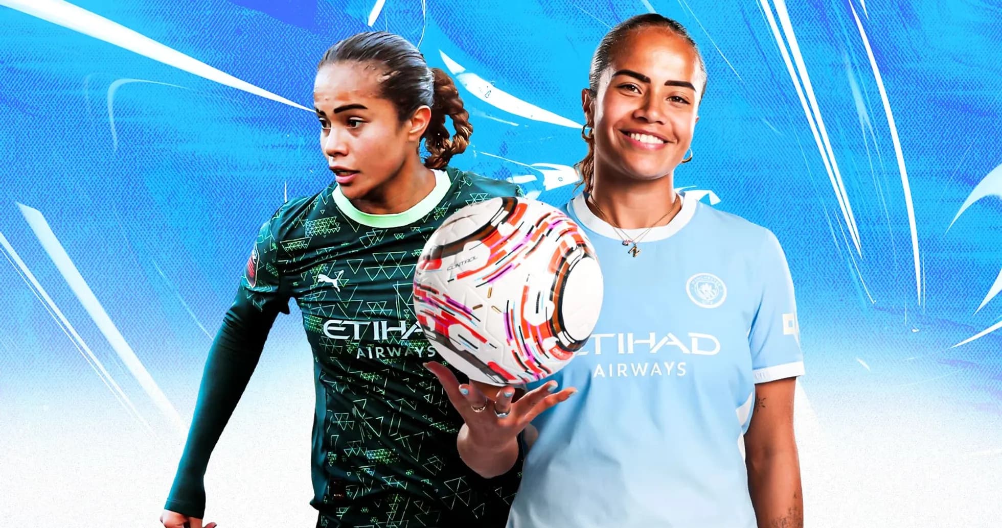 Two female soccer players wearing Manchester City kits