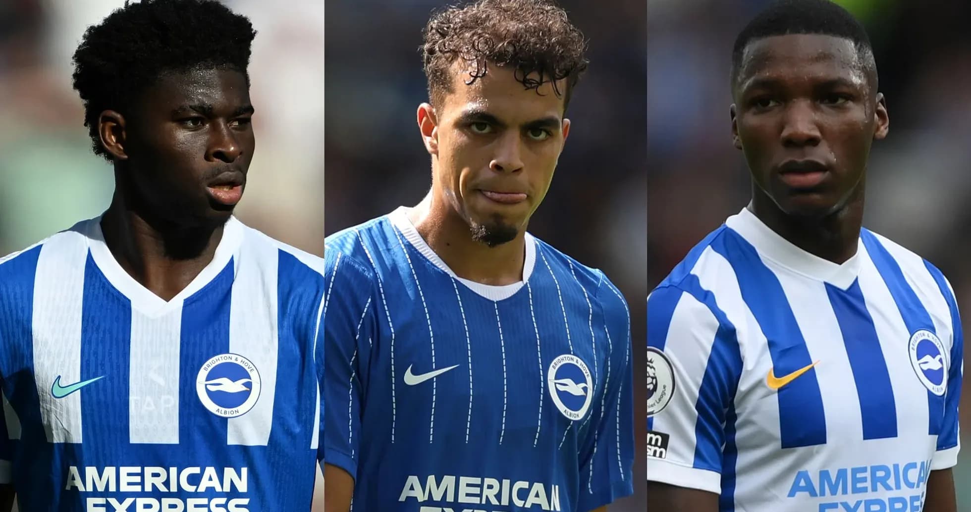 Three Brighton players in blue jerseys on field
