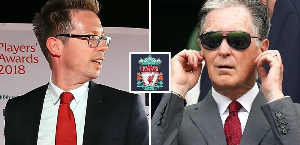 Two men at Liverpool FC event, logo in center