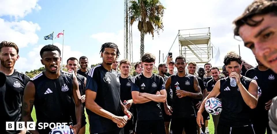 Newcastle United players gathered during training session
