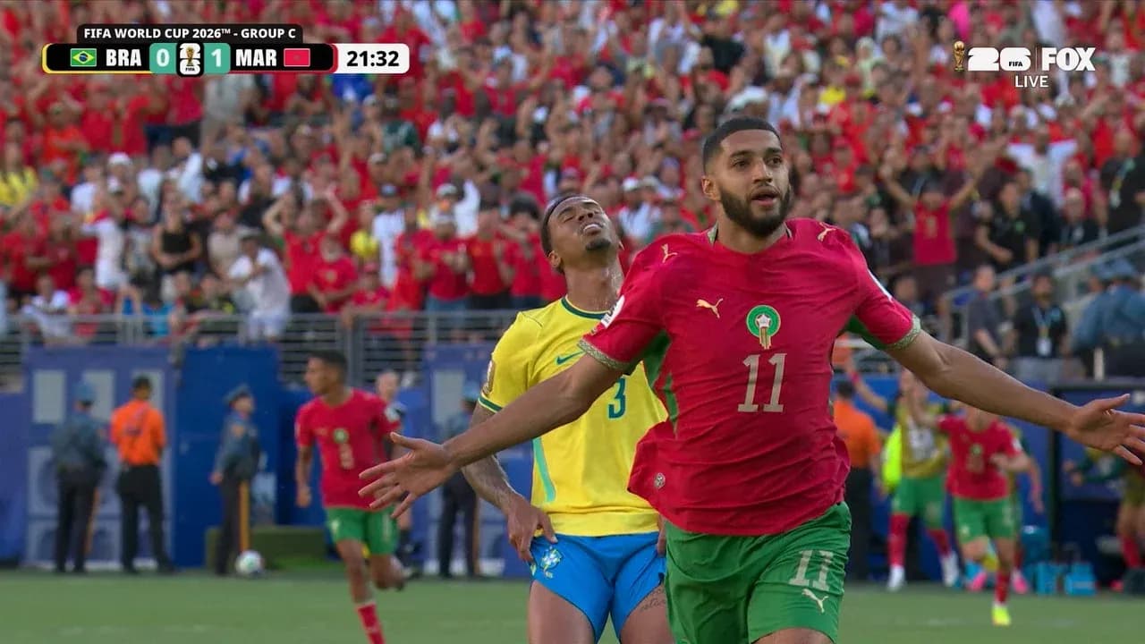 Morocco player celebrating goal against Brazil