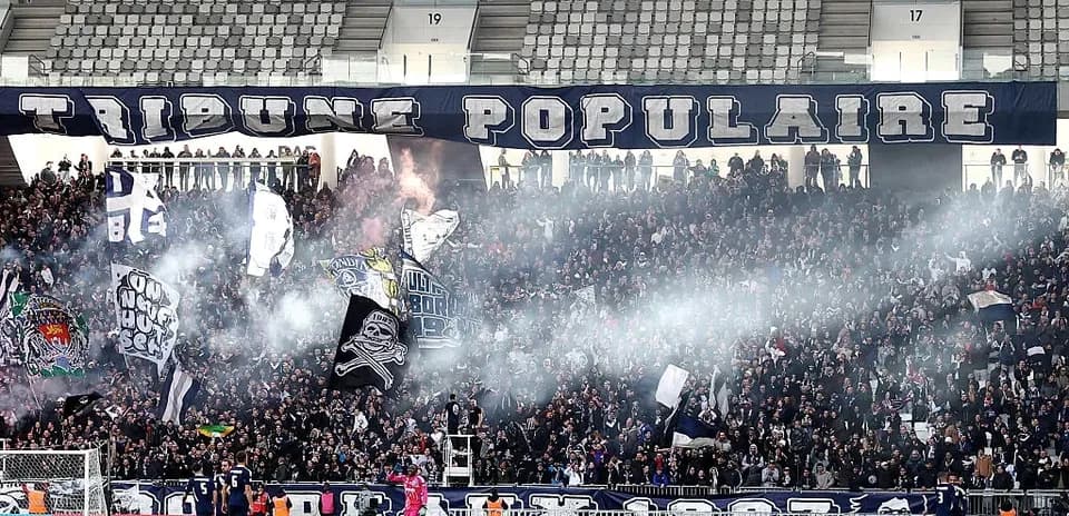 Crowd of fans cheering with flags in stadium