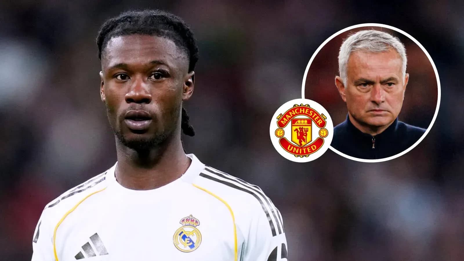 Player in Real Madrid kit with Manchester United logos