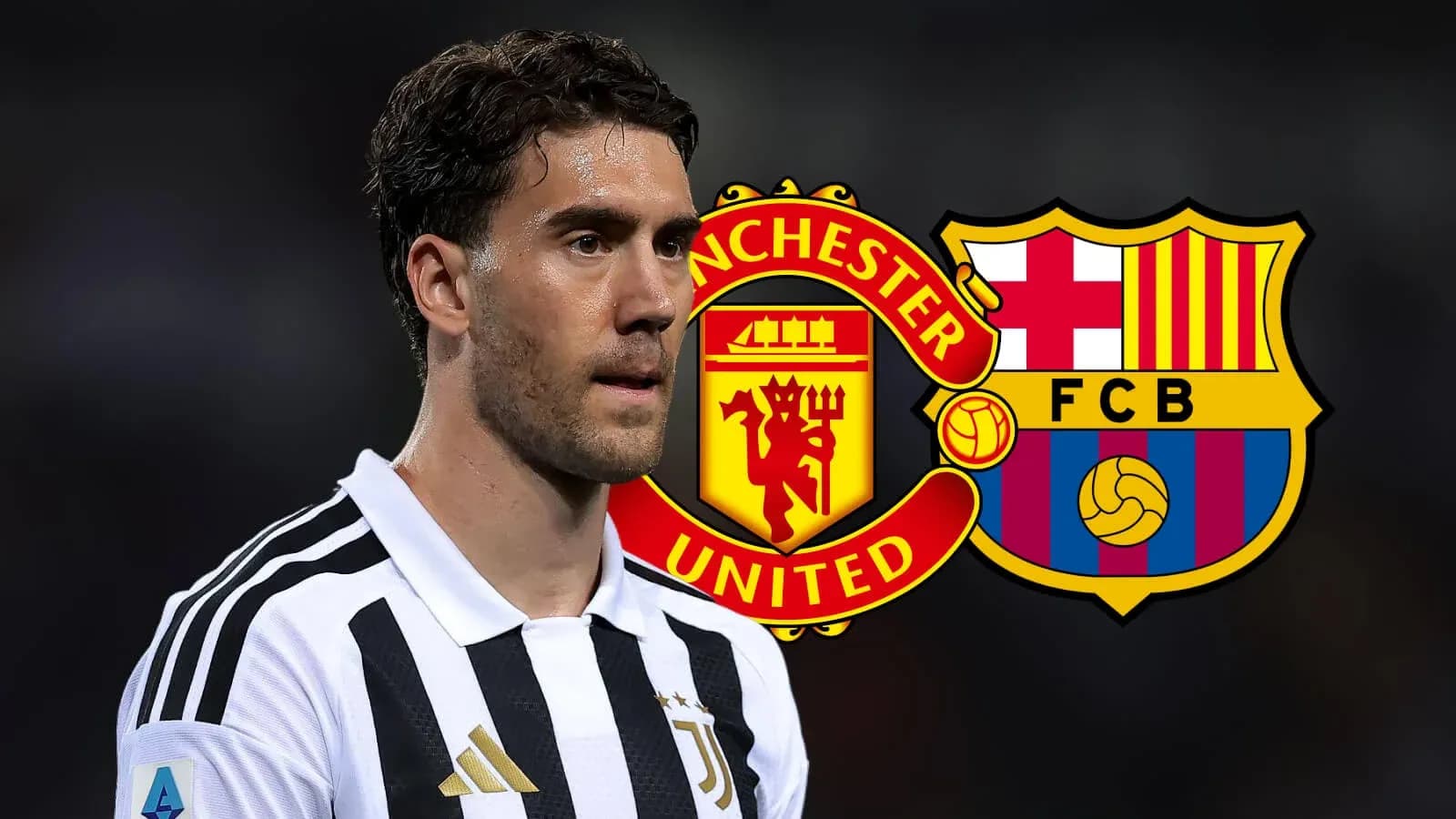 Player from Juventus with Manchester United and Barcelona logos