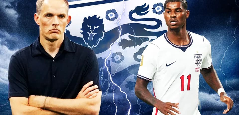 Coach and player in front of England flag backdrop
