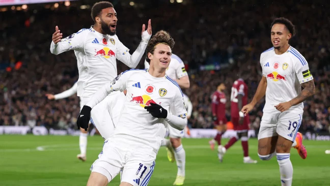 Leeds players celebrating a goal during match