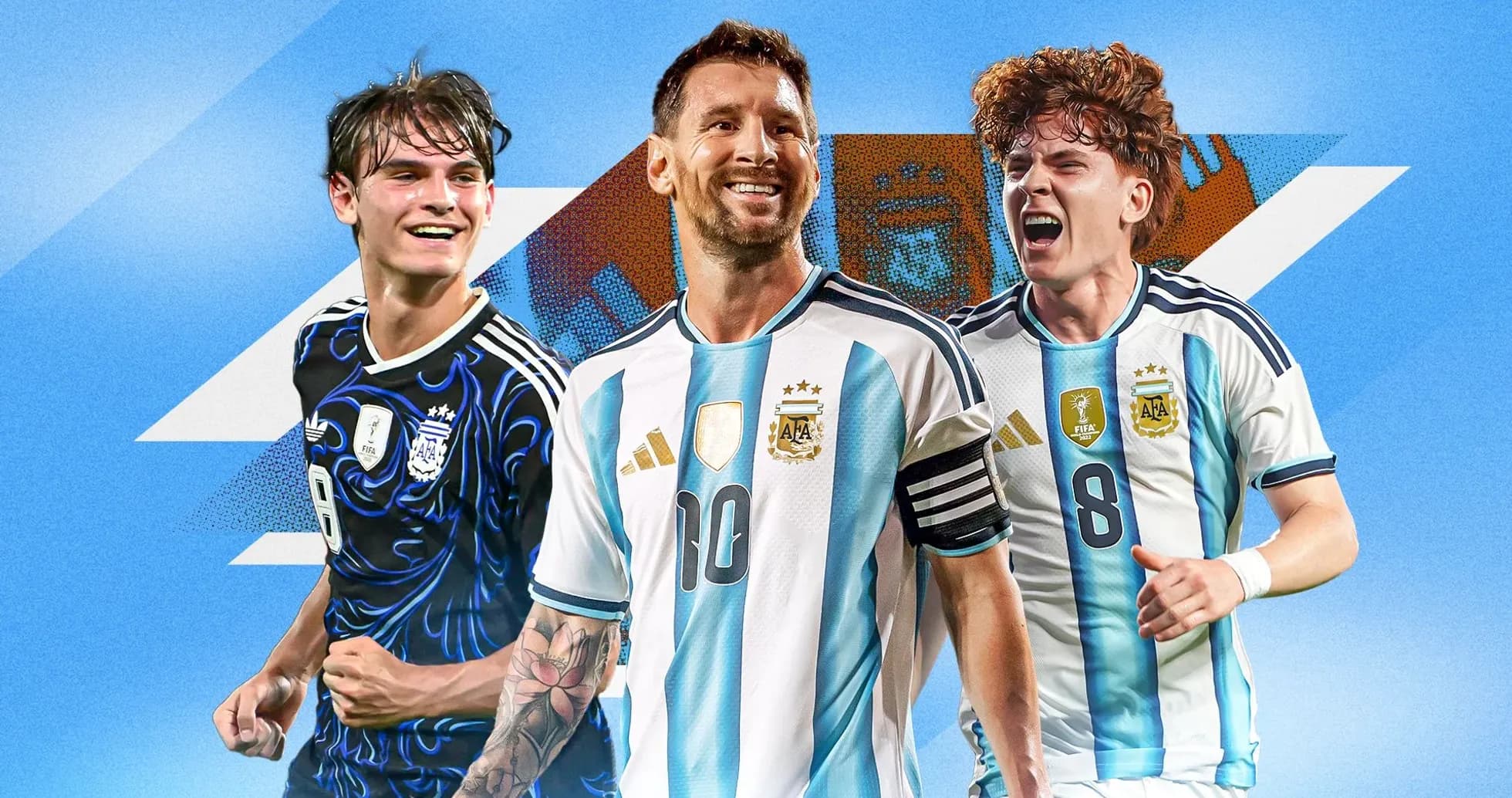Three Argentine players celebrating in team jerseys