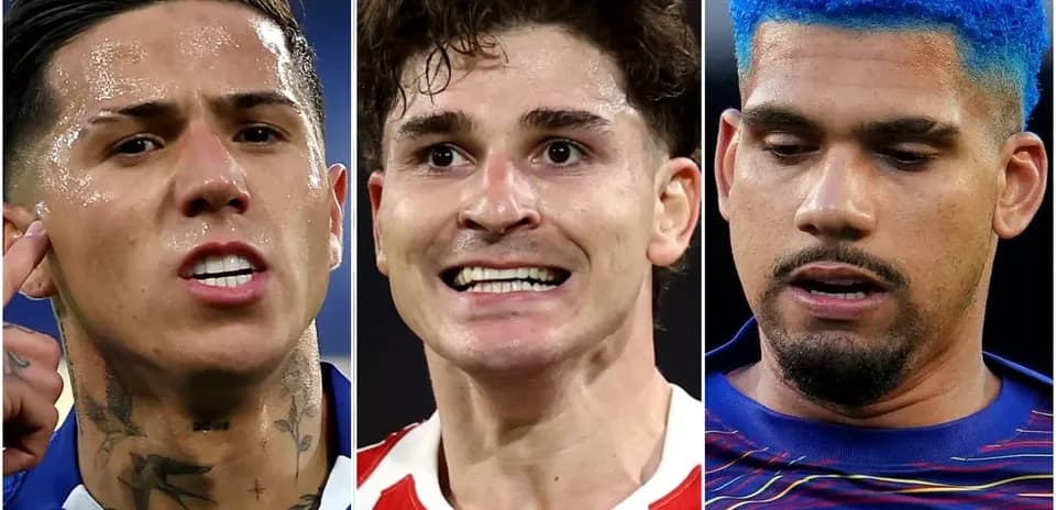 Three football players with varying expressions and hairstyles