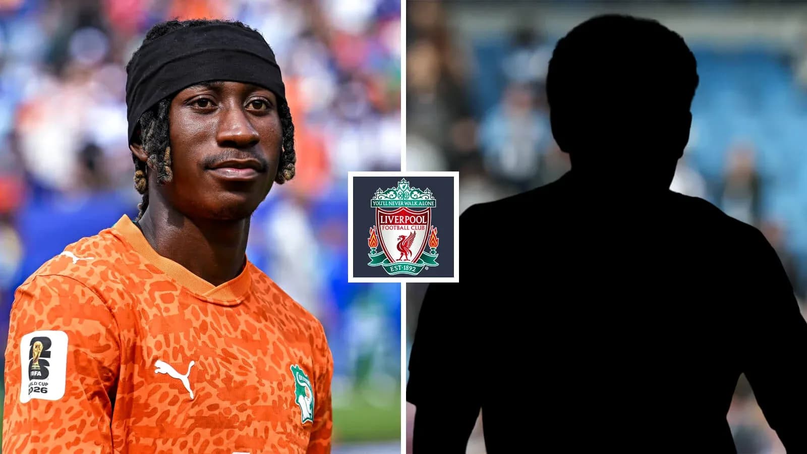 Goalkeeper in orange jersey before match with Liverpool logo