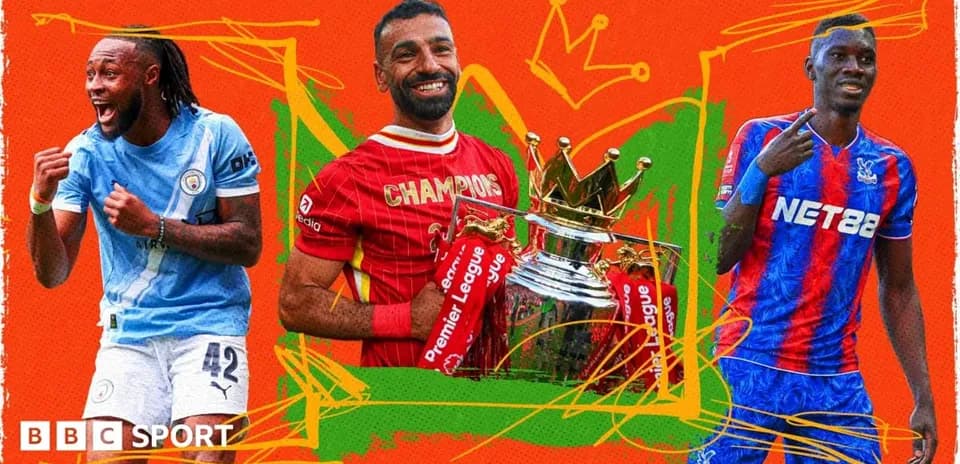 Three football players celebrating with Premier League trophy