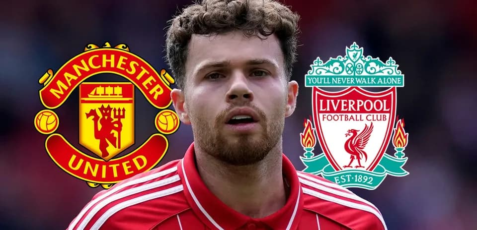 Player in red jersey with Manchester United and Liverpool logos