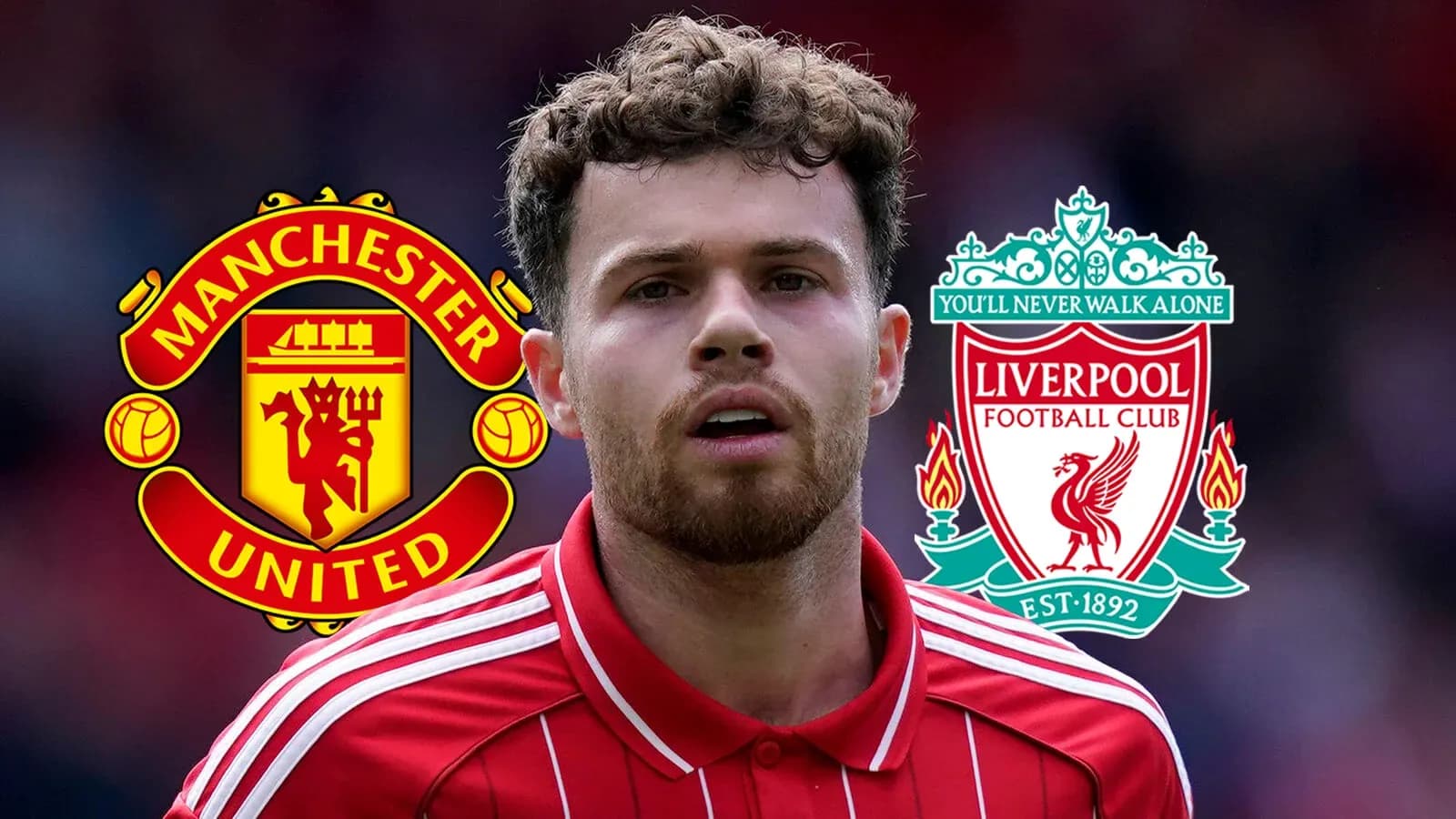 Player in red jersey with Manchester United and Liverpool logos