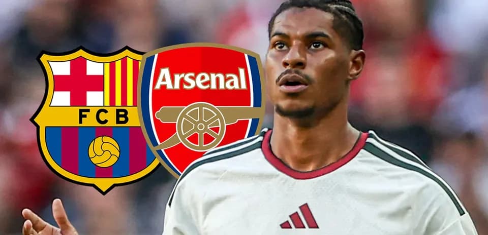 Player looking up with Barcelona and Arsenal logos