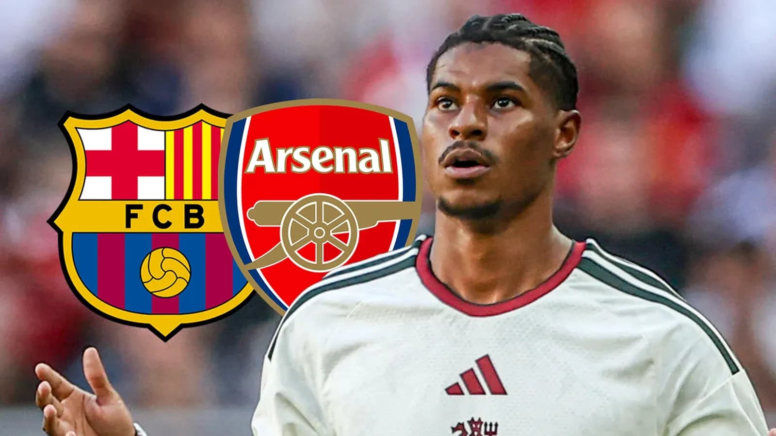 Player looking up with Barcelona and Arsenal logos