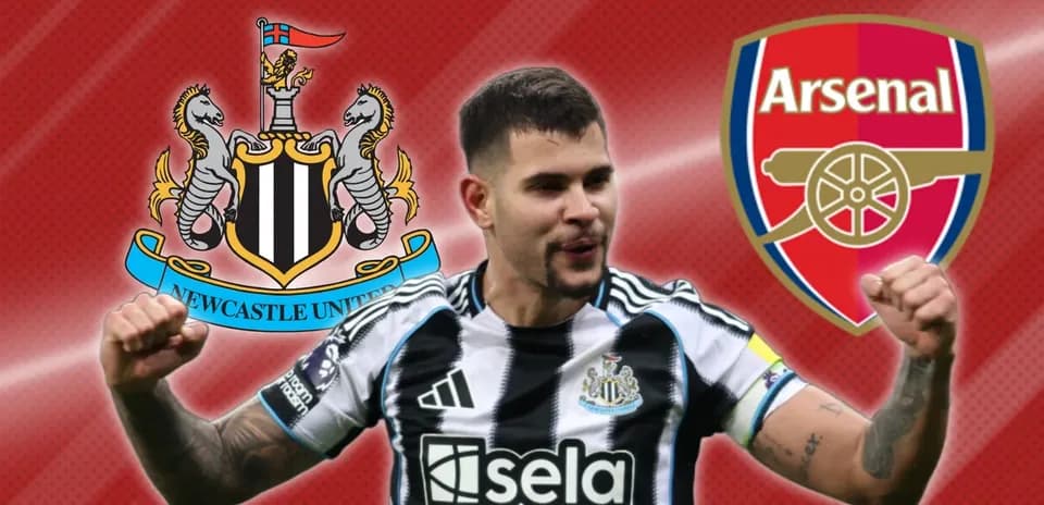Newcastle player celebrating with team logos in background