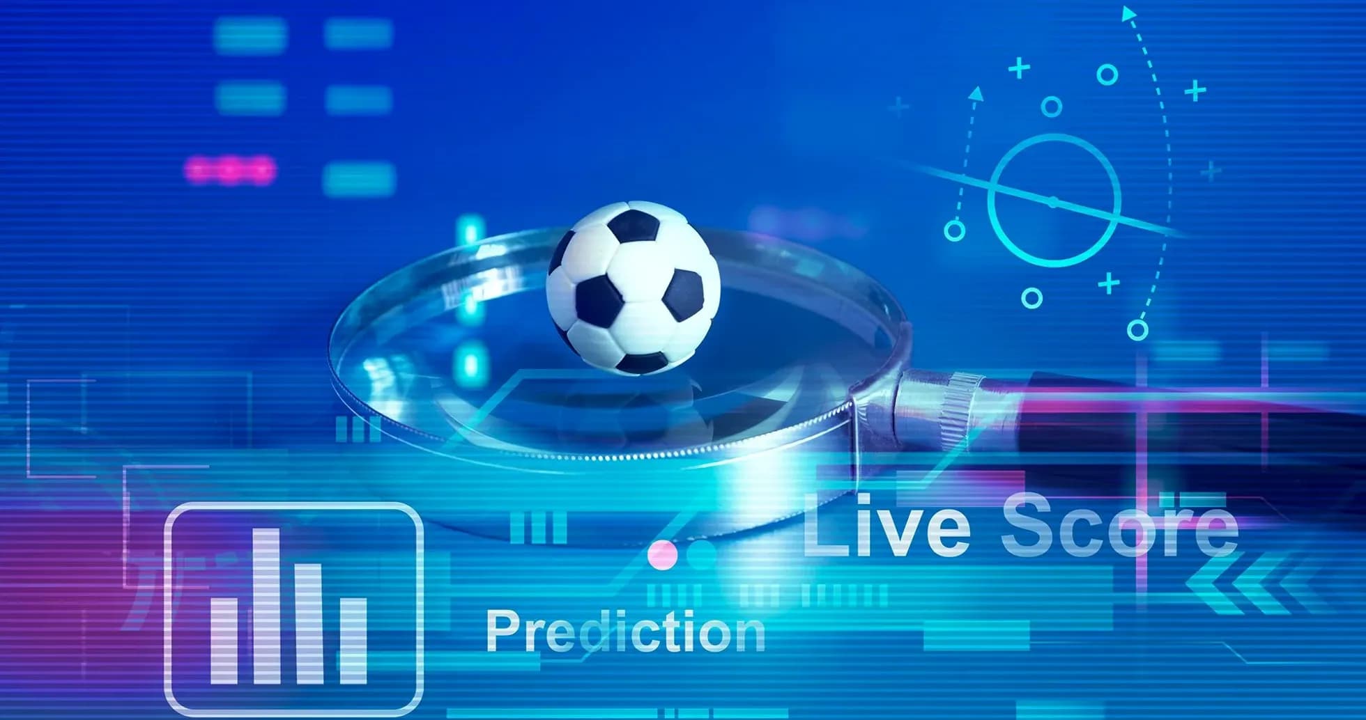 Magnifying glass over a soccer ball with digital graphics