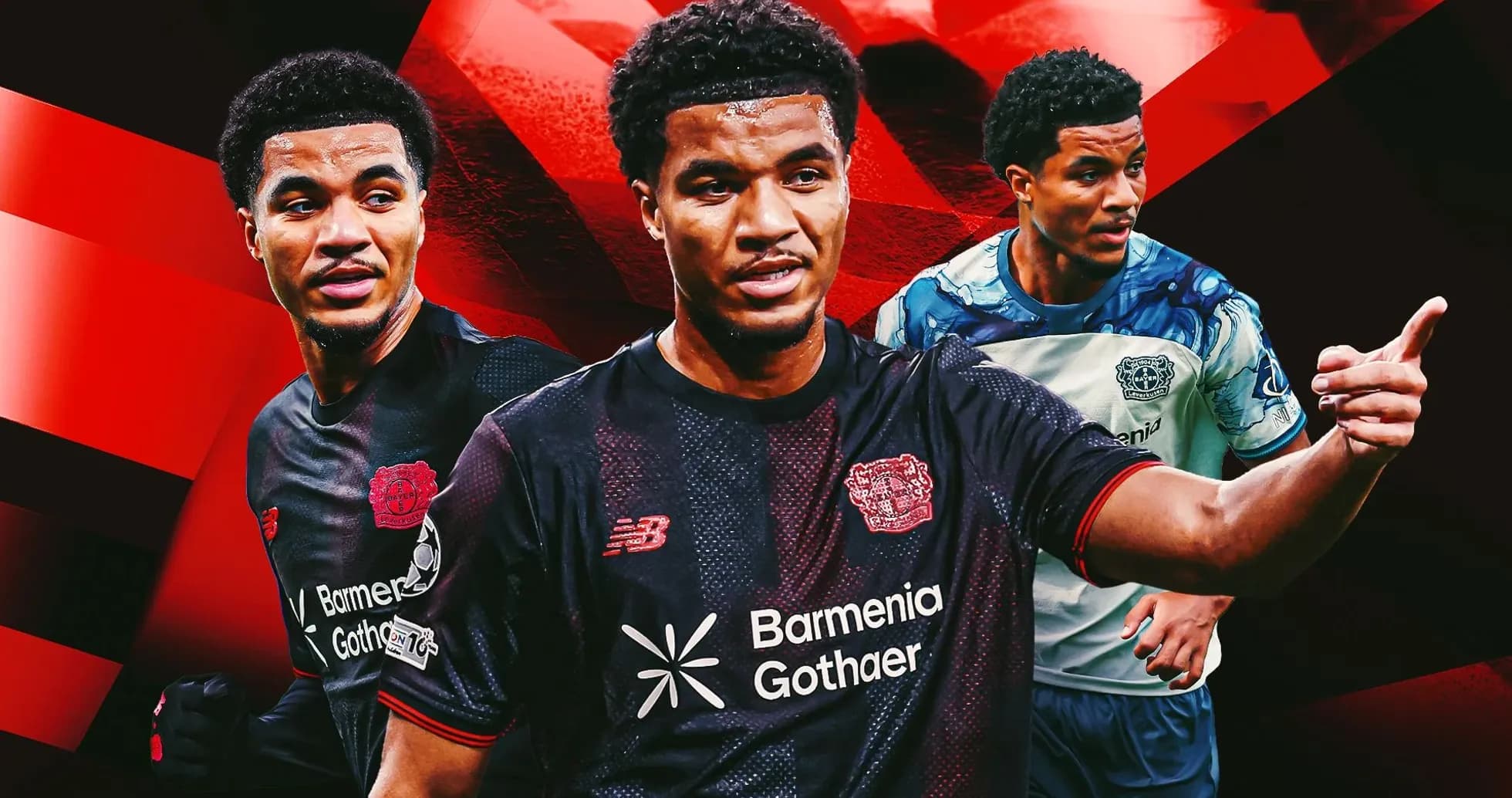 Player in various jerseys against a red background