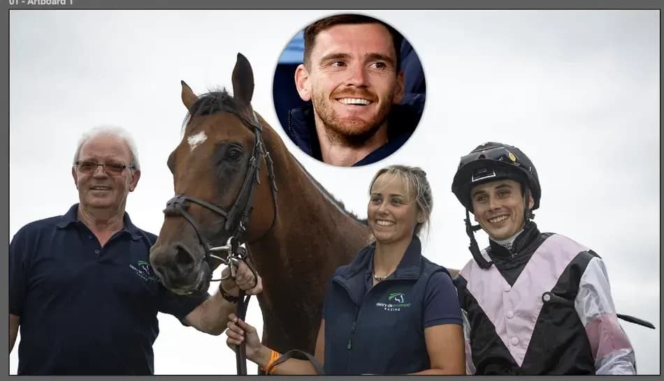Three people posing with a horse at a stable