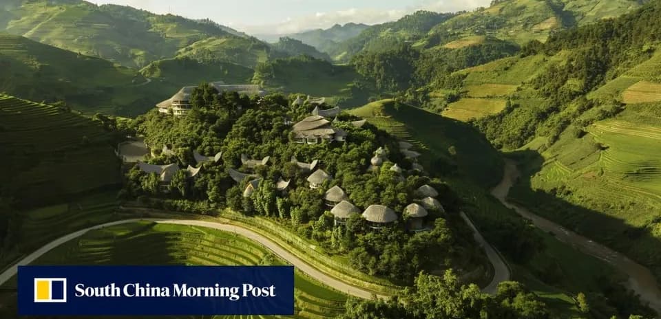 Aerial view of terraced hills and village