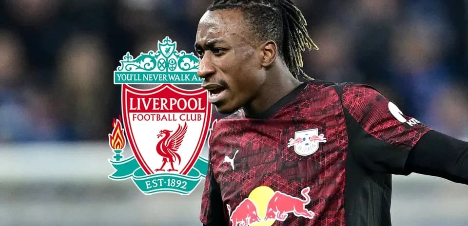 Player celebrating with Liverpool and RB Leipzig logos