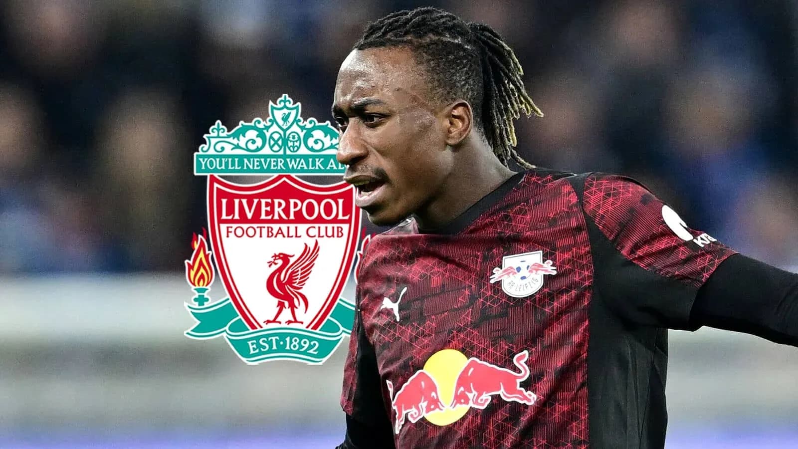 Player celebrating with Liverpool and RB Leipzig logos