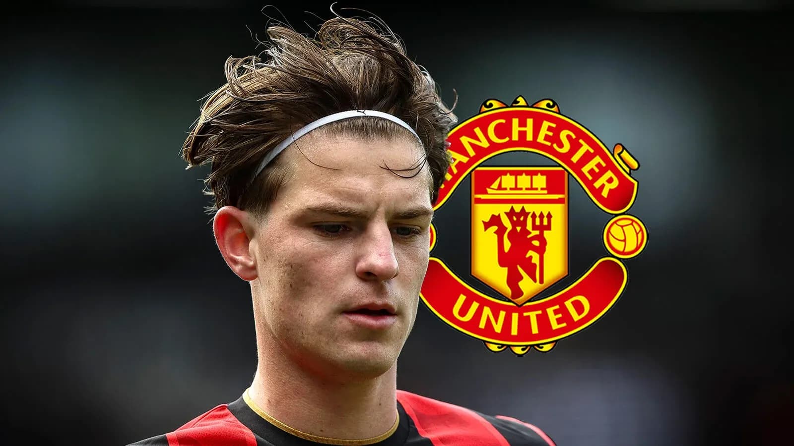 Player in headband with Manchester United logo background