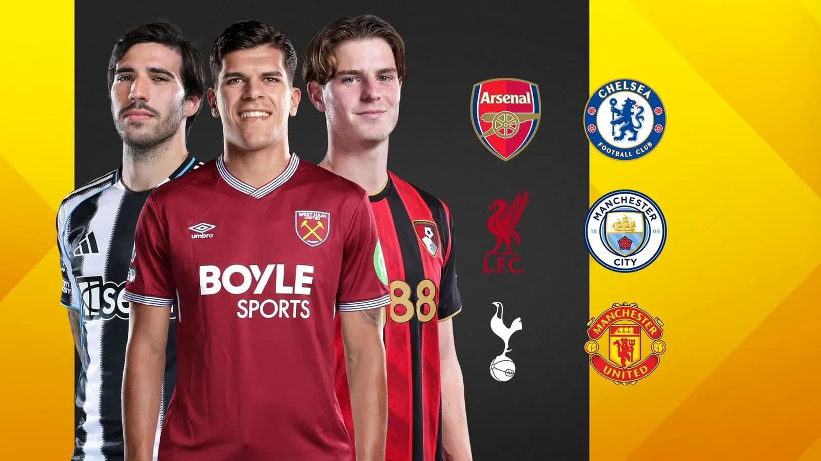 Three football players wearing different club jerseys