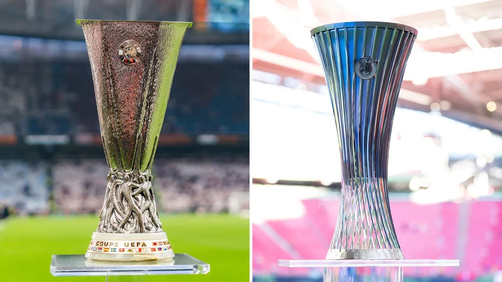 UEFA Europa League and Conference League trophies displayed