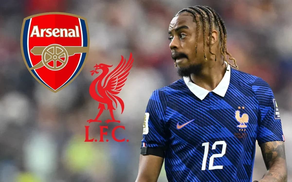 Player in France kit with Arsenal and Liverpool logos