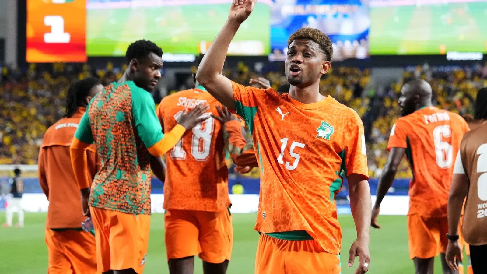 Ivory Coast players celebrating during World Cup match