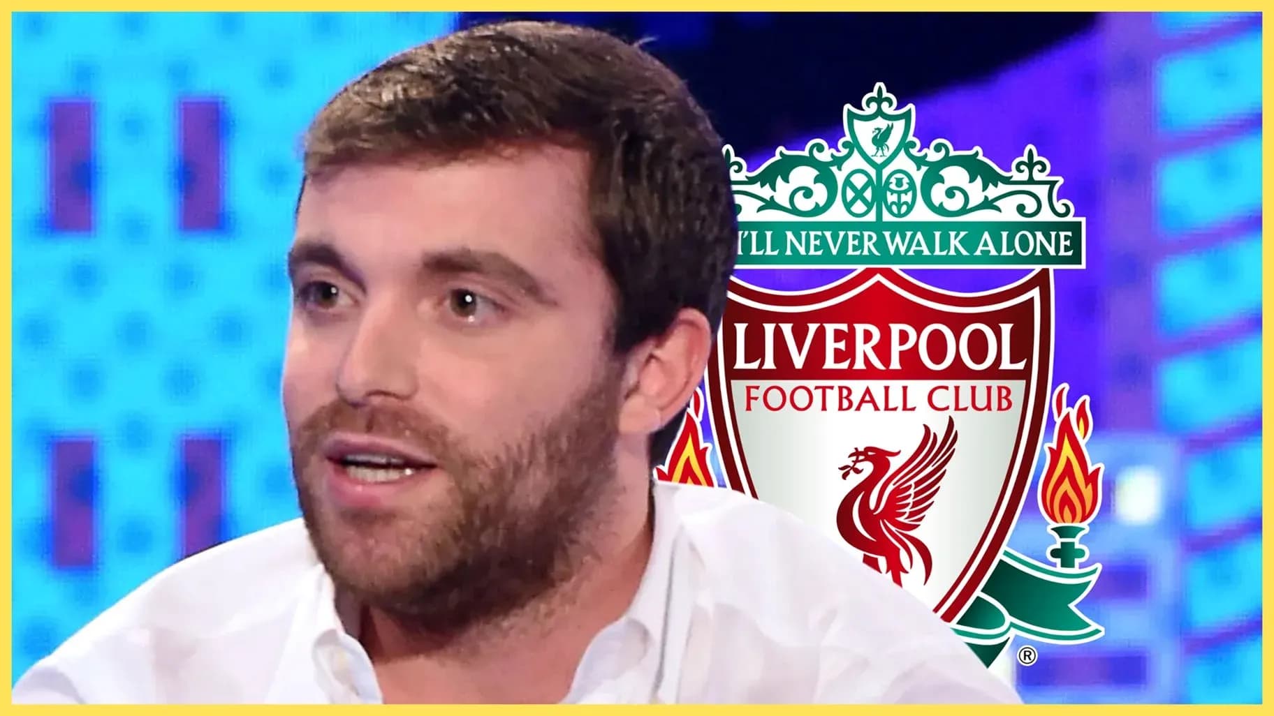 Person speaking with Liverpool FC logo in background
