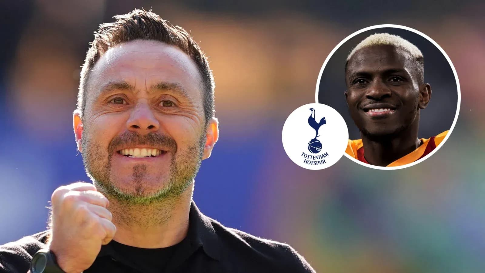 Manager celebrating with Tottenham Hotspur logo and player