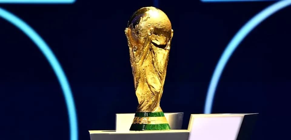 FIFA World Cup trophy displayed on podium