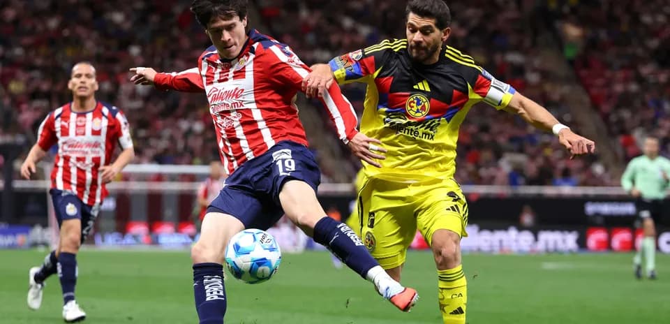 Club America and Guadalajara Chivas players competing for the ball