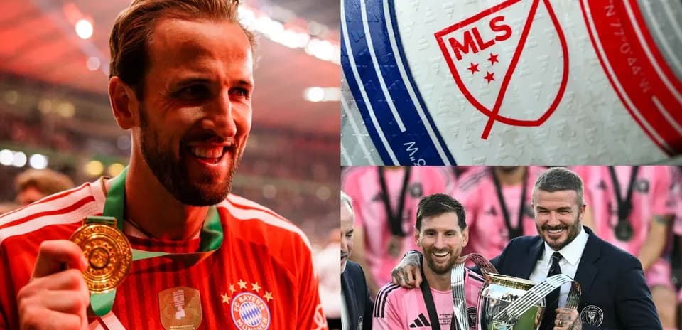 Collage featuring Harry Kane, MLS logo, Messi and Beckham