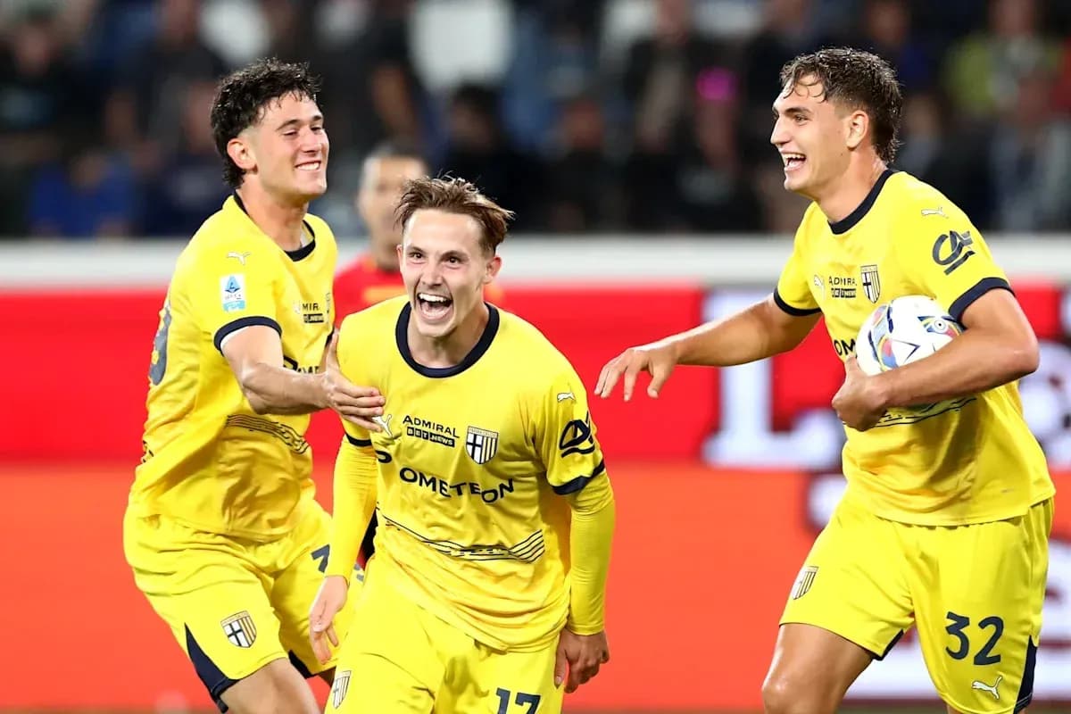 Parma players celebrating a goal during a match