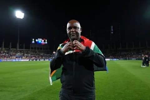 Man wearing South African flag on shoulders at stadium