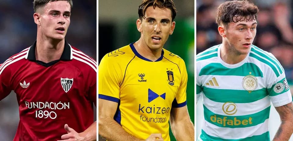 Three soccer players in different team jerseys