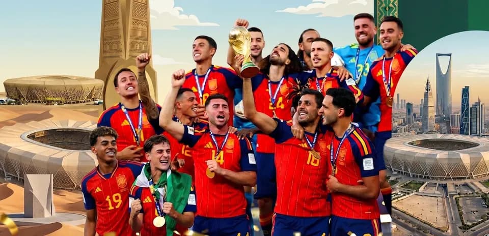 Spain team celebrating with World Cup trophy outdoors
