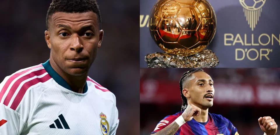 Mbappé and another player near Ballon d'Or trophy