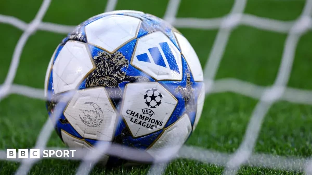 Close-up of UEFA Champions League soccer ball in net