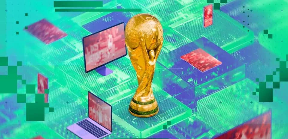 World Cup trophy surrounded by digital screens