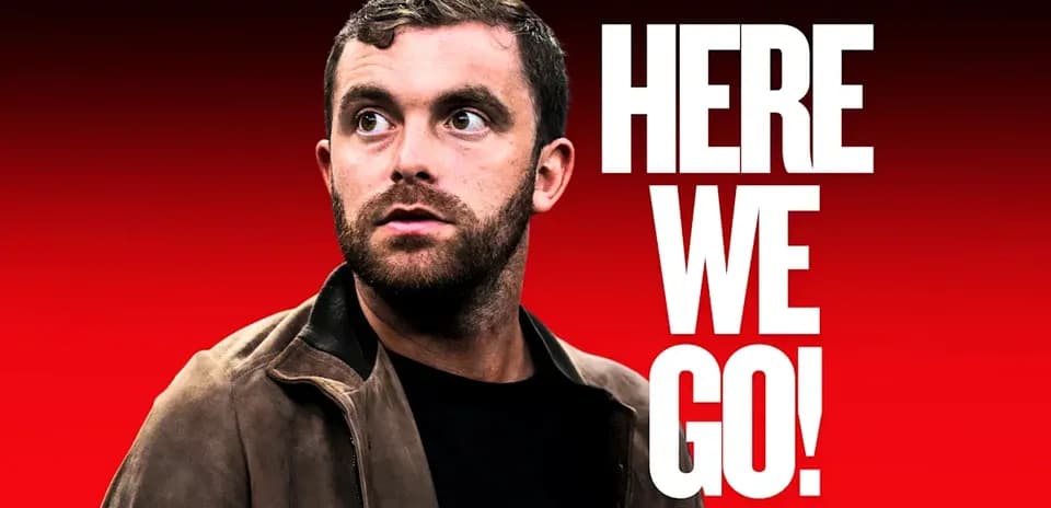 Person looking to the side with text 'HERE WE GO!'
