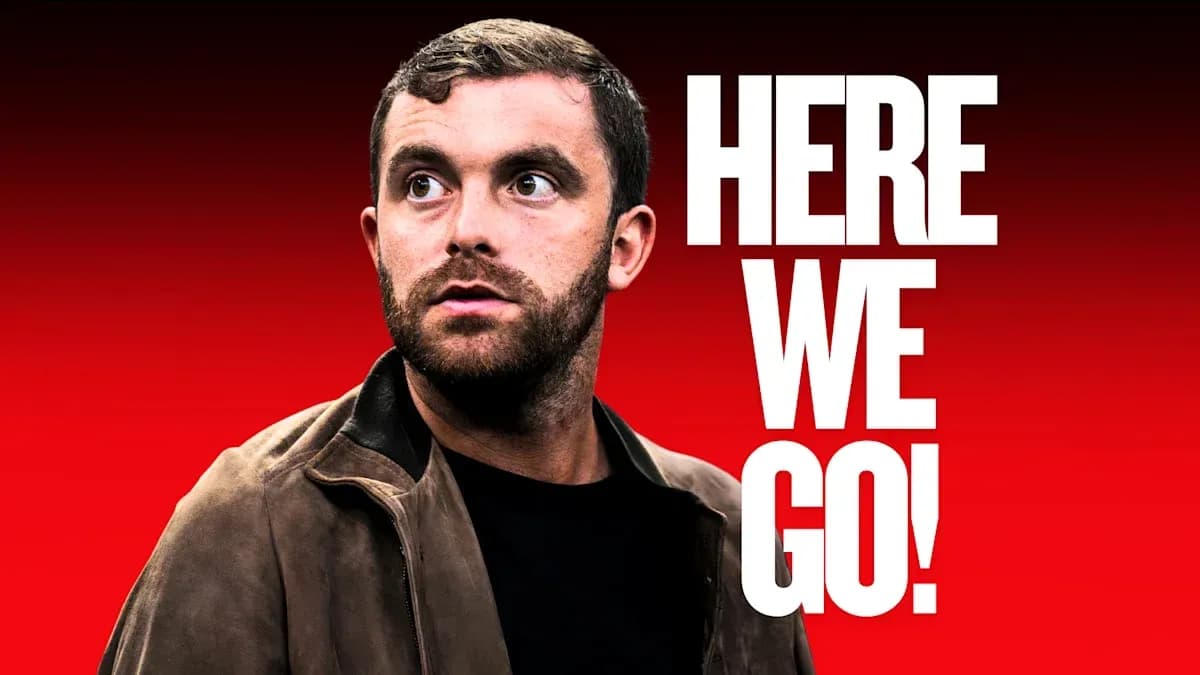 Person looking to the side with text 'HERE WE GO!'