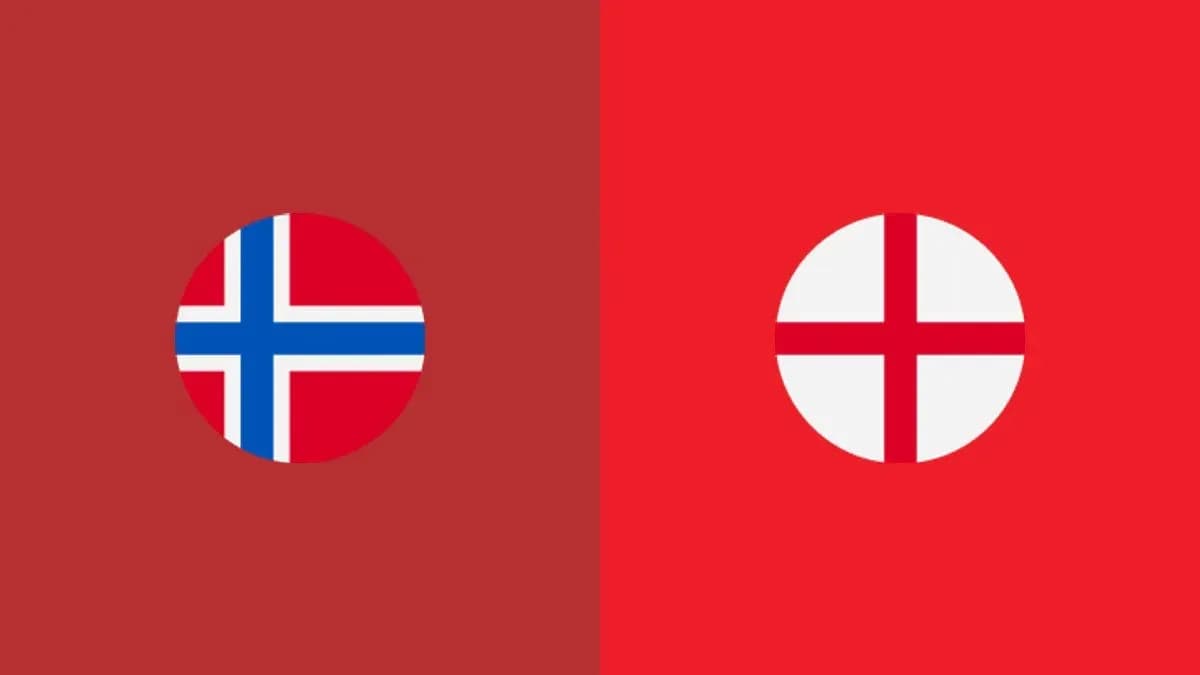 Flags of Norway and England on red background